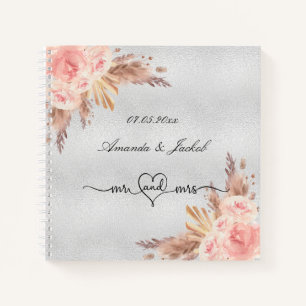 Guest book wedding blush floral pampas silver