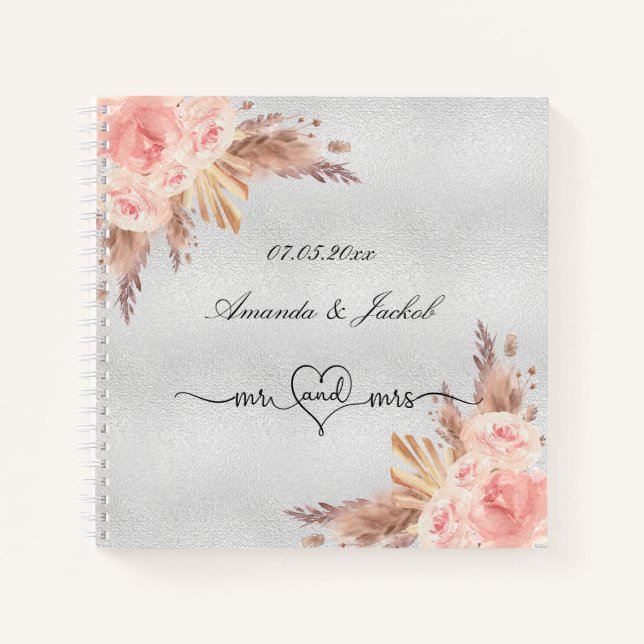 Guest book wedding blush floral pampas silver (Front)