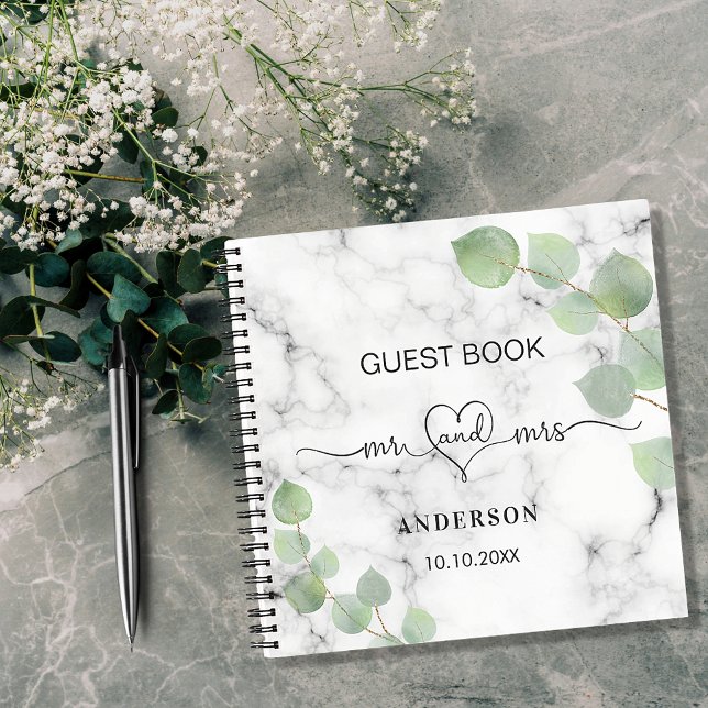 Guest book wedding marble eucalyptus mr mrs heart (Creator Uploaded)