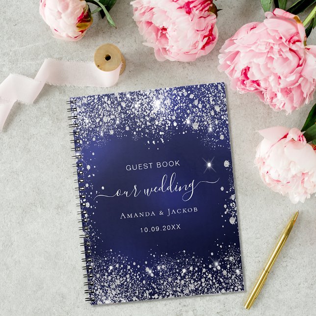 Guest book wedding navy blue silver glitter (Creator Uploaded)