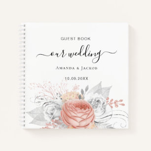 Guest book wedding rose gold floral silver