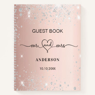 Guest book wedding rose gold silver glitter heart