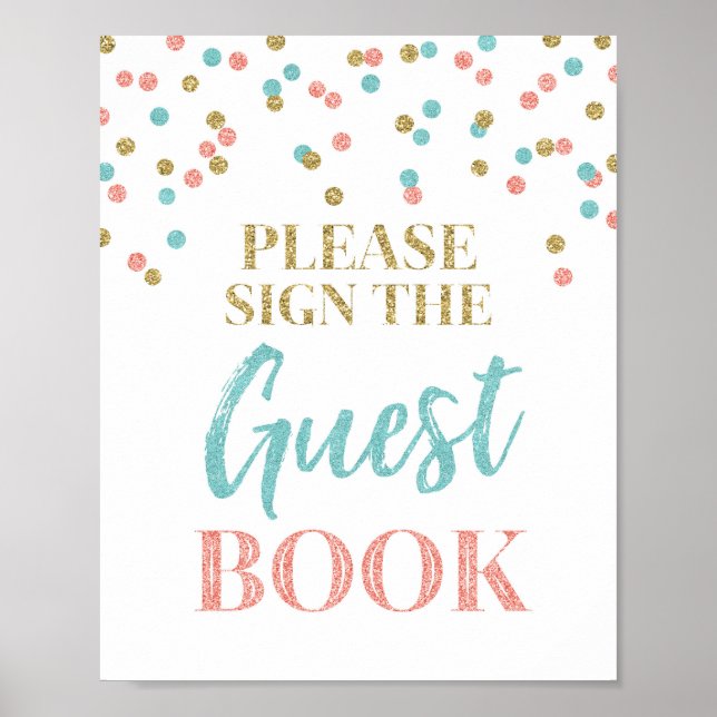 Guest Book Wedding Sign Gold Teal Coral Confetti (Front)
