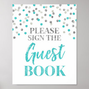 Guest Book Wedding Sign Silver Blue Confetti