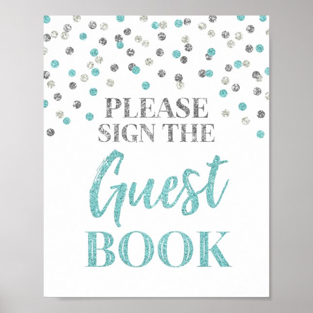 Guest Book Wedding Sign Silver Blue Confetti (Front)