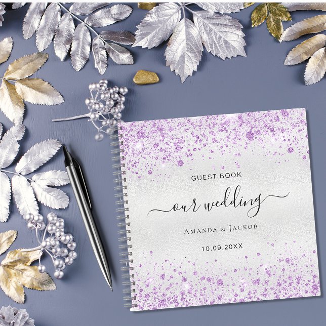 Guest book wedding silver purple glitter monogram (Creator Uploaded)