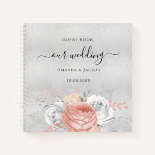 Guest book wedding silver rose gold floral