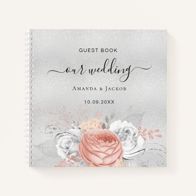 Guest book wedding silver rose gold floral (Front)