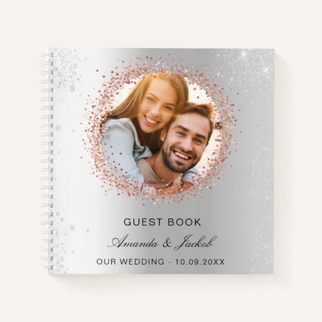 Guest book wedding silver rose gold glitter photo (Front)