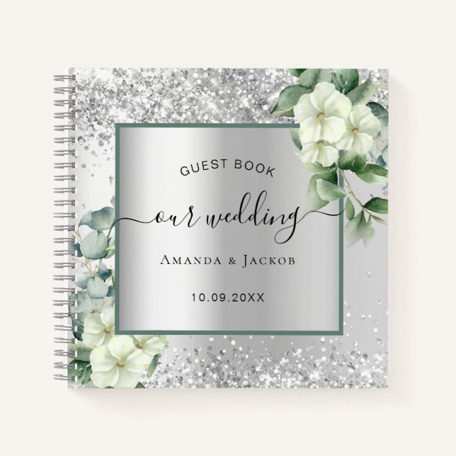 Guest book wedding silver white florals eucalyptus (Front)