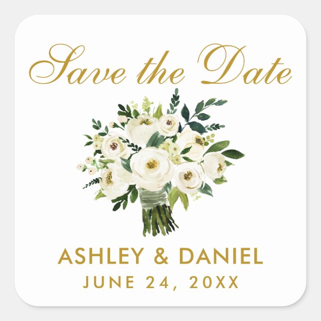 Guest Calendar | Save The Date Green White Floral Square Sticker (Front)