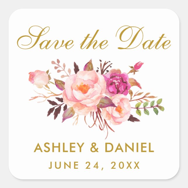 Guest Calendar | Save The Date Pink Floral Square Sticker (Front)