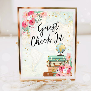 Guest Check In Travel Adventure Pink Bridal Shower Poster