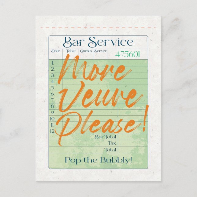 Guest Check Receipt Champagne Pop the Bubbly  Postcard (Front)