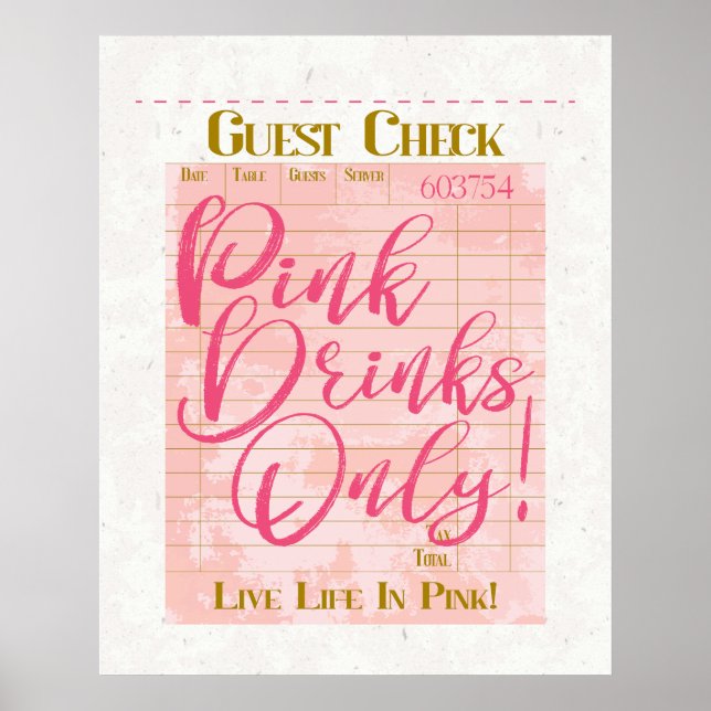 Guest Check Receipt Pink Drinks Preppy Feminine Poster (Front)