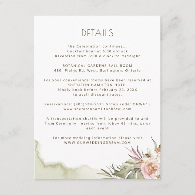 Guest Information Palm Leaves Floral Green Details Enclosure Card (Front)
