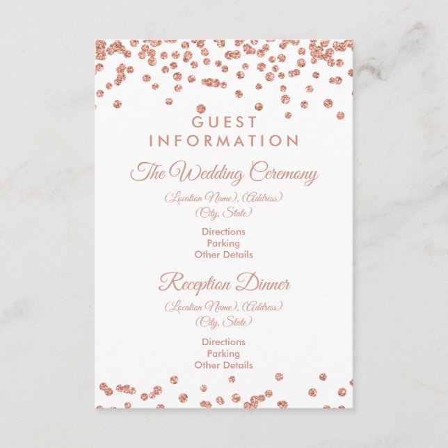 Guest Information Rose Gold Glitter Confetti White Enclosure Card (Front)
