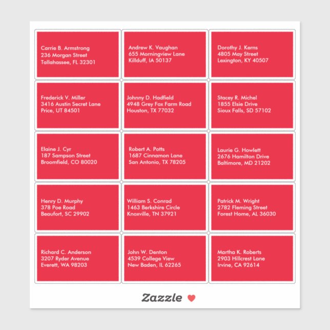 Guest List Name Address Custom Red White Sticker (Sheet)