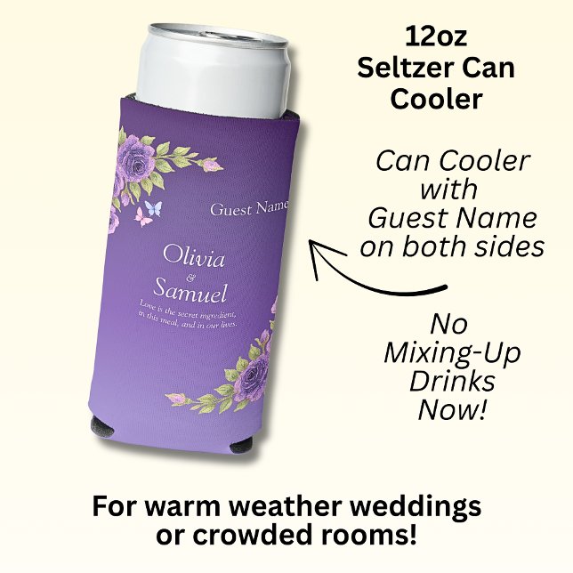 Guest Name Purple Mauve Flowers & White Wedding  Seltzer Can Cooler (Creator Uploaded)