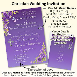 Guest Names, Christian Purple Mauve Flowers White Invitation