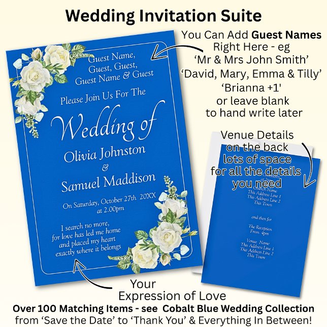 Guest Names, Cobalt Blue & White Roses Wedding Invitation (Creator Uploaded)