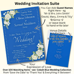 Guest Names, Cobalt Blue & White Roses Wedding Sui Invitation