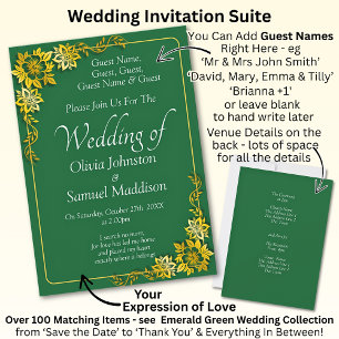Guest Names, Emerald Green & Gold Wedding Invitation