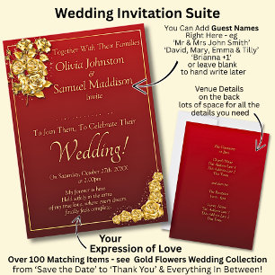 Guest Names, Gold Roses Maroon Red Wedding  Invitation