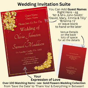 Guest Names, Gold Roses Maroon Red Wedding Invitation