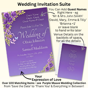 Guest Names, Purple Mauve Flowers & White Invitation