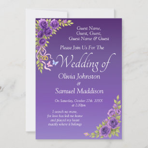 Guest Names, Purple Mauve Flowers & White Wedding Invitation