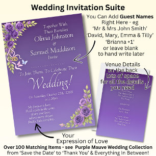 Guest Names, Purple Mauve Flowers & White Wedding Invitation