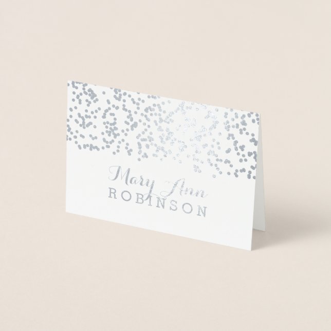 Guest Seating Place Card Silver Falling Confetti (Front)