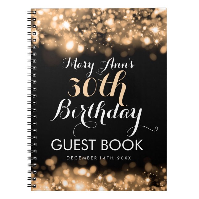 Guestbook 30th Birthday Gold Sparkling Lights Notebook (Front)