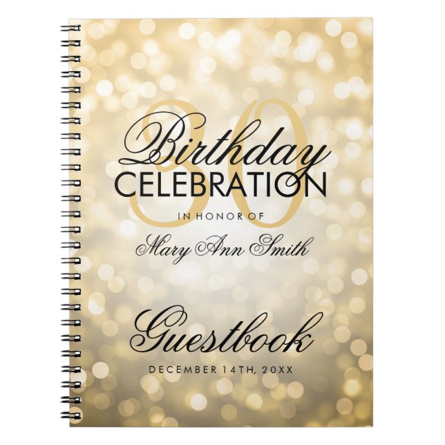 Guestbook 30th Birthday Party Gold Glitter Light Notebook (Front)