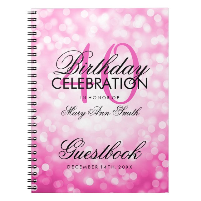 Guestbook 40th Birthday Party Pink Glitter Light Notebook (Front)