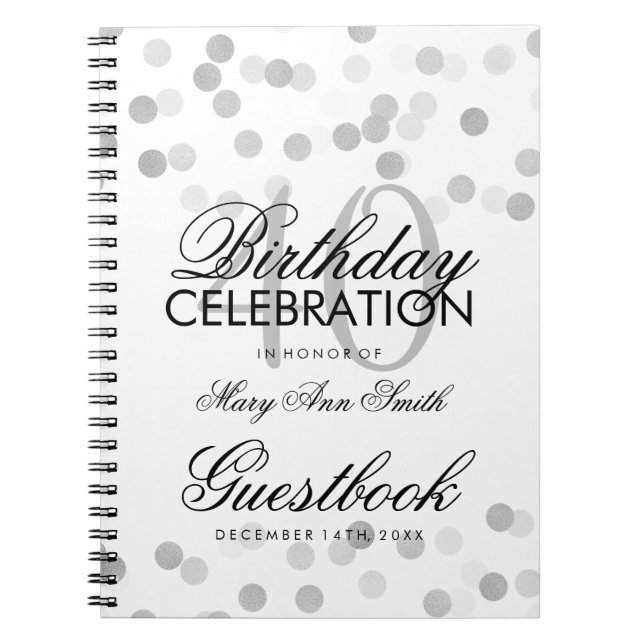 Guestbook 40th Birthday Silver Foil Glitter Lights Notebook (Front)