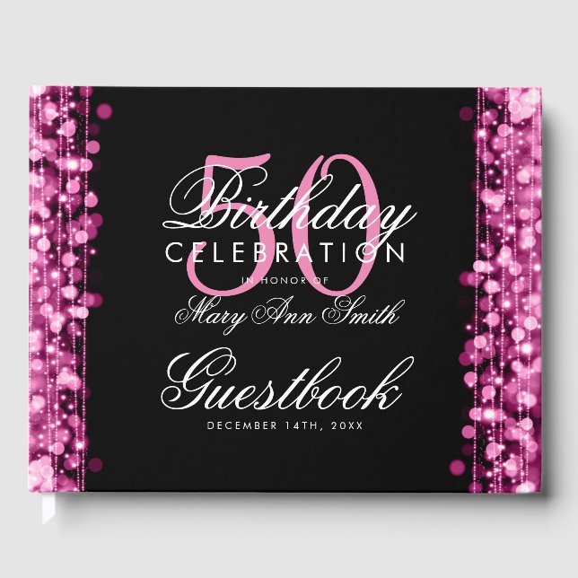 Guestbook 50th Birthday Party Sparkles Pink (Front)