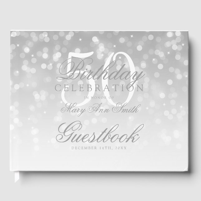 Guestbook 50th Birthday Silver Bokeh Sparkle Light (Front)