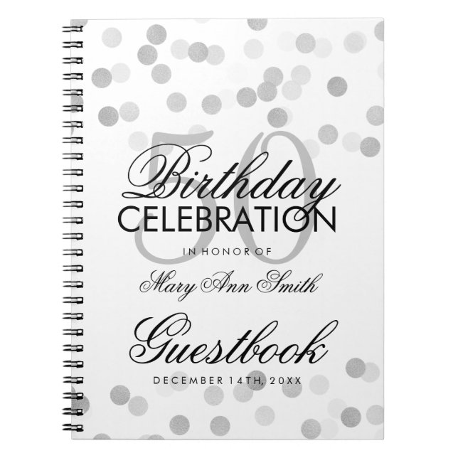 Guestbook 50th Birthday Silver Foil Glitter Lights Notebook (Front)