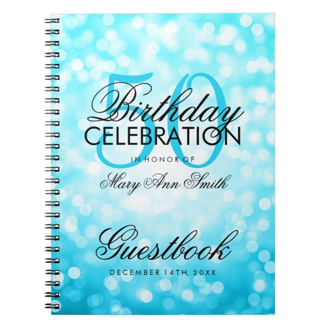 Guestbook 50th Birthday Turquoise Glitter Light Notebook (Front)