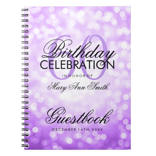 Guestbook 60th Birthday Party Purple Glitter Light Notebook (Front)