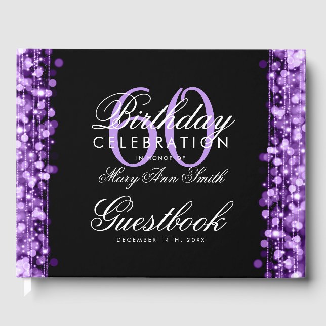 Guestbook 60th Birthday Party Sparkles Purple (Front)