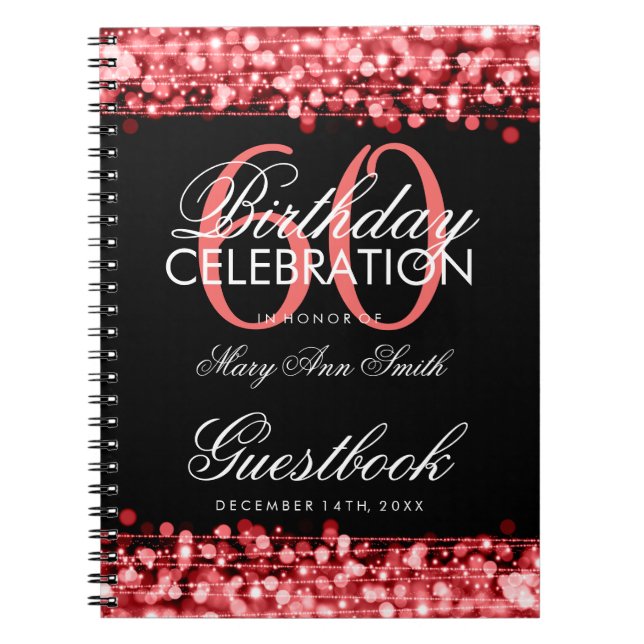 Guestbook 60th Birthday Party Sparkles Red Notebook (Front)