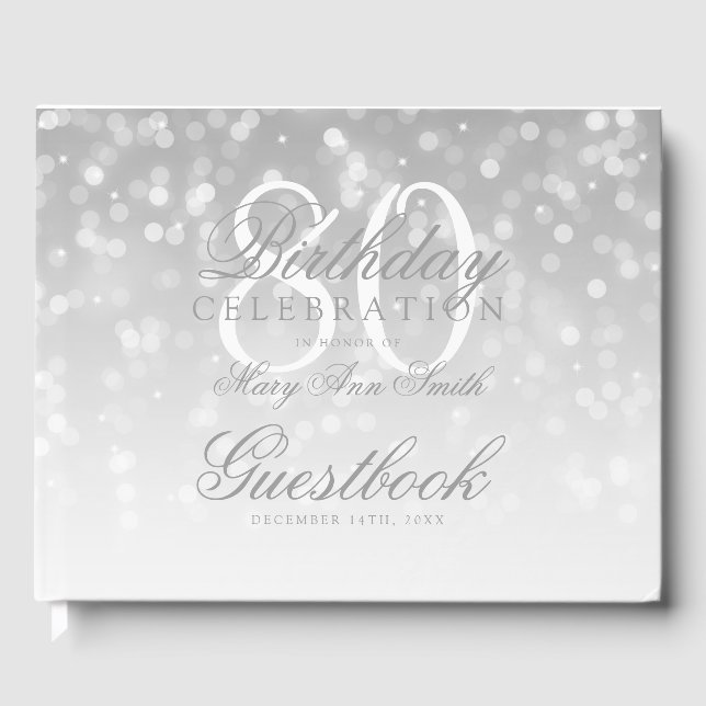 Guestbook 80th Birthday Silver Bokeh Sparkle Light (Front)