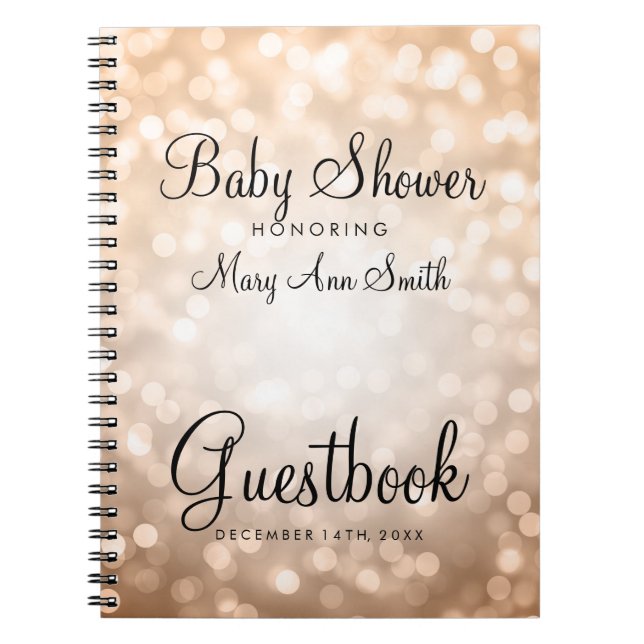 Guestbook Baby Shower Copper Glitter Lights Notebook (Front)