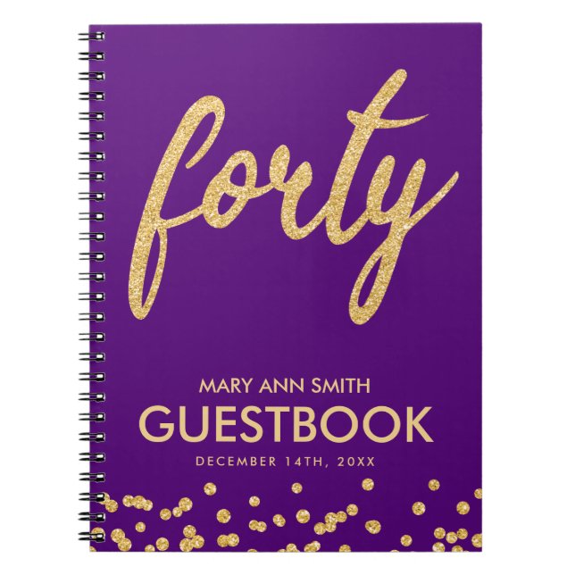 Guestbook Gold Purple "Forty" 40 Birthday Glitter Notebook (Front)