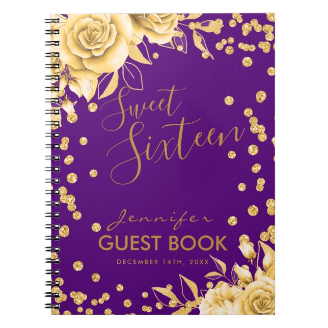 Guestbook Gold Purple Sweet 16 Glitter Floral Notebook (Front)