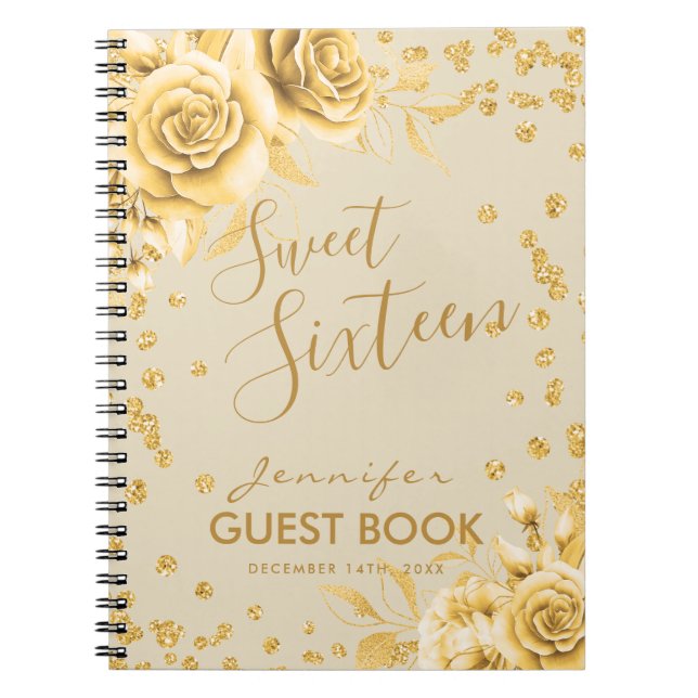 Guestbook Gold Sweet 16 Glitter Floral Notebook (Front)