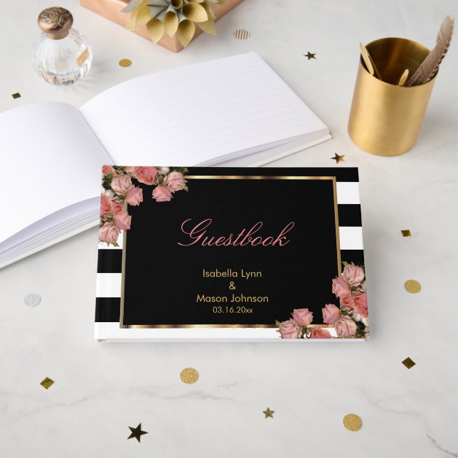 Guestbook -Rose Gold with Black and White Stripes (Front Open)